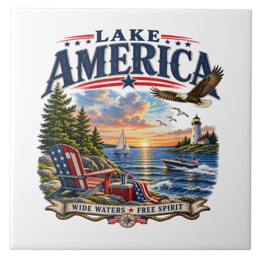 アメリカの湖の夕焼け愛国ワシ タイル (正面)
