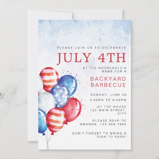 アメリカの独立記念日を彩る水彩風船のバースデーパーティー 招待状 (正面)