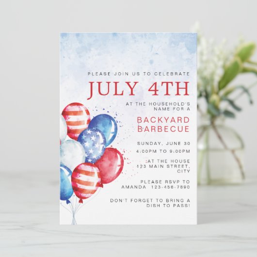 アメリカの独立記念日を彩る水彩風船パーティーの招待状 招待状 (スタンド正面)