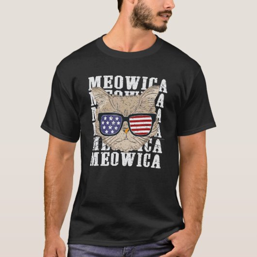 アメリカの猫の独立記念日 メオウィカ メリカ 男性 フラッグ Tシャツ (正面)