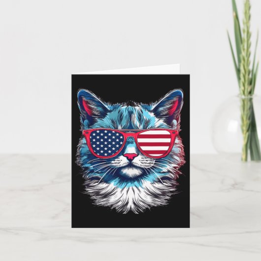 アメリカの猫サングラス USA フラグ 7 月 4 日 猫の絵 カード (正面)