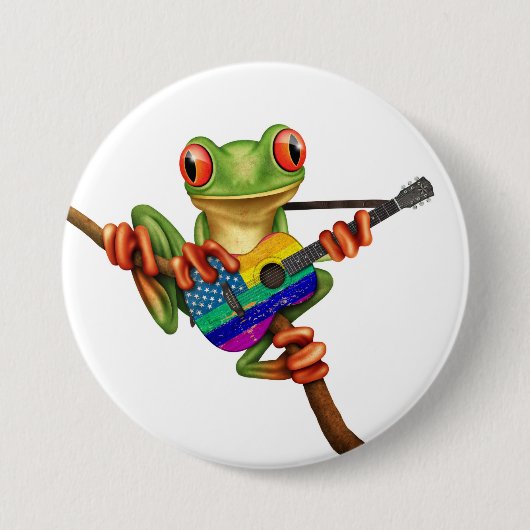 アメリカの虹のギターの白を遊んでいるアマガエル 缶バッジ (正面)