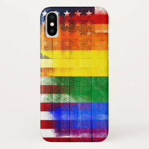アメリカの虹の旗 の木製の穀物及びPaintstrokes iPhone X ケース