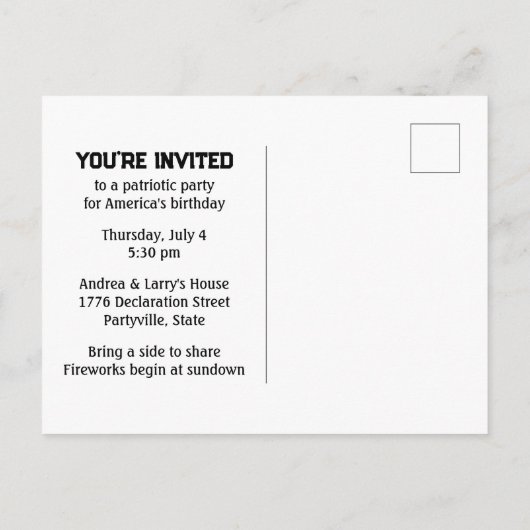 アメリカの赤いスターバースト愛国パーティー インビテーションポストカード (裏面)