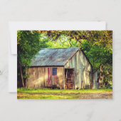 アメリカの農村をイメージしたサビれた納屋と国旗のSave the Date 招待状 (裏面)