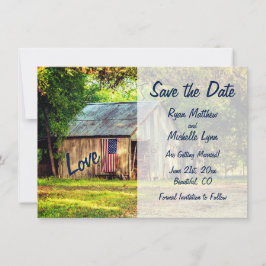 アメリカの農村をイメージしたサビれた納屋と国旗のSave the Date 招待状