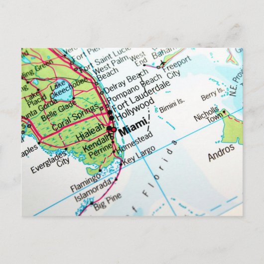 アメリカの都市マイアミを示す地図 ポストカード (正面)