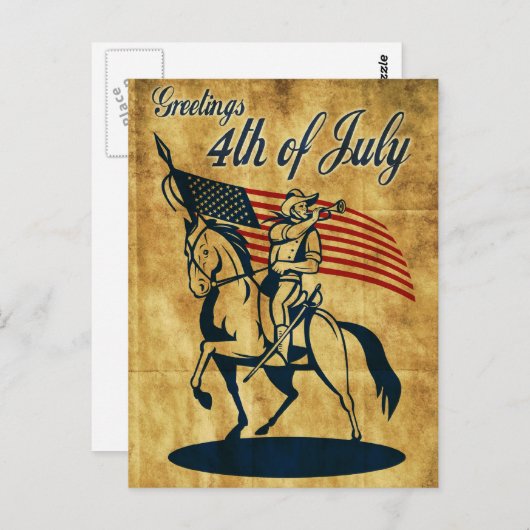 アメリカの騎兵が馬に乗って旗を掲げるビンテージ ポストカード (正面/裏面)