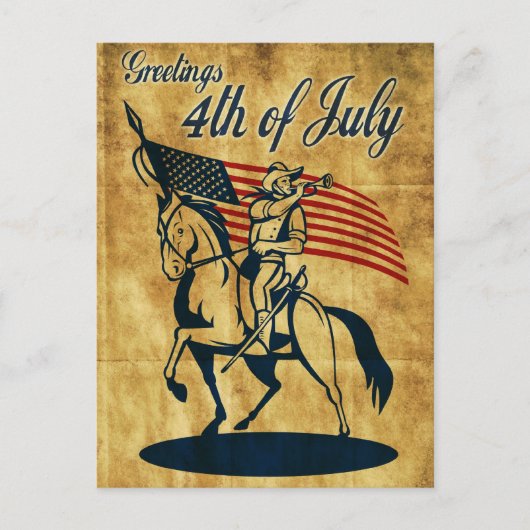 アメリカの騎兵が馬に乗って旗を掲げるビンテージ ポストカード (正面)