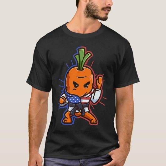 アメリカの黒帯空手人参 赤と青のストライプ Tシャツ (正面)