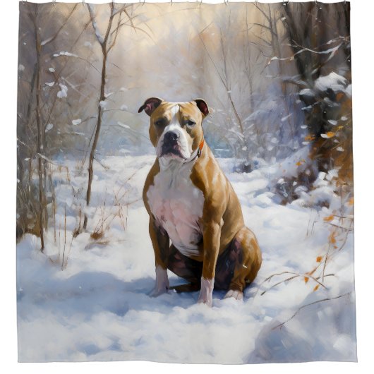 アメリカの（犬）スタッフォードがそれを雪のクリスマスに許す シャワーカーテン (正面)