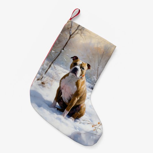 アメリカの（犬）スタッフォードがそれを雪のクリスマスに許す スモールクリスマスストッキング (正面 (吊り時))