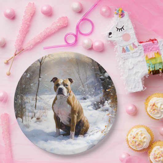 アメリカの（犬）スタッフォードがそれを雪のクリスマスに許す ペーパープレート (パーティー)