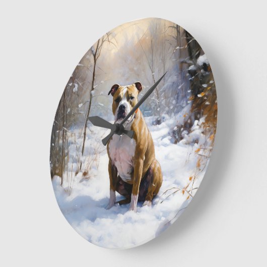 アメリカの（犬）スタッフォードがそれを雪のクリスマスに許す ラージ壁時計 (傾斜)