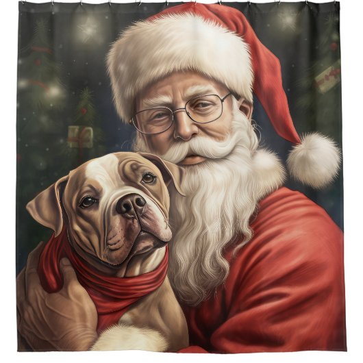 アメリカの（犬）スタッフォードとサンタクロースのクリスマス シャワーカーテン (正面)