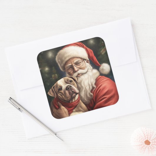 アメリカの(犬)スタッフォードとサンタクロースのクリスマス スクエアシール (封筒)