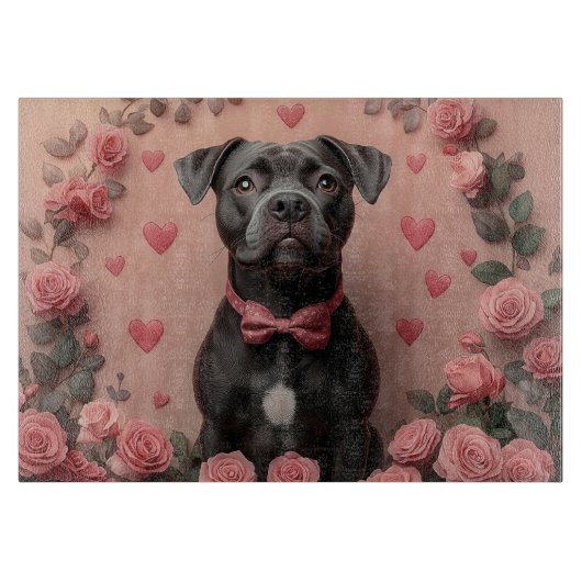 アメリカの（犬）スタッフォードとバラ – バレンタインデー カッティングボード (正面)
