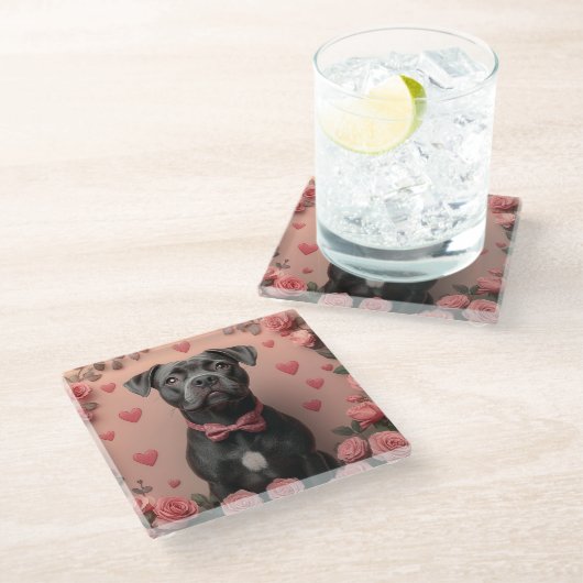 アメリカの(犬)スタッフォードとバラ – バレンタインデー ガラスコースター (アングル)
