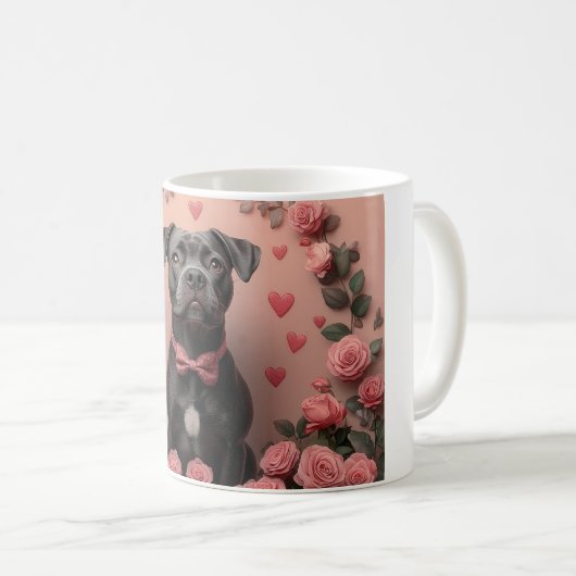 アメリカの(犬)スタッフォードとバラ – バレンタインデー コーヒーマグカップ (正面右)