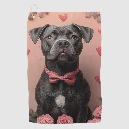 アメリカの(犬)スタッフォードとバラ – バレンタインデー ゴルフタオル (正面)