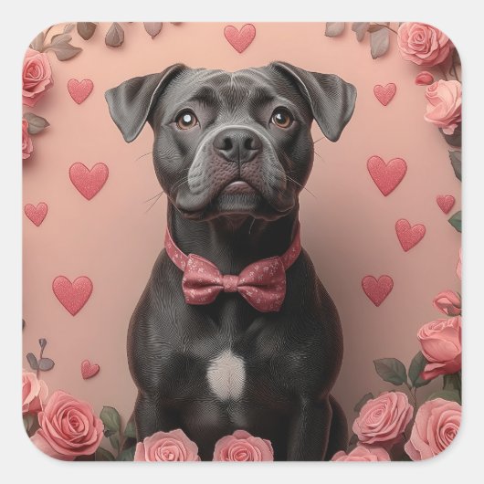 アメリカの(犬)スタッフォードとバラ – バレンタインデー スクエアシール (正面)