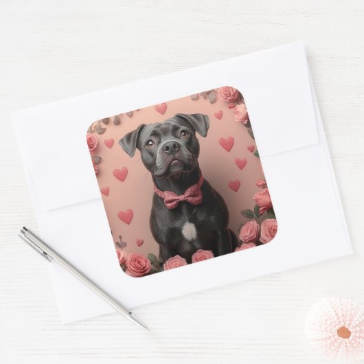 アメリカの(犬)スタッフォードとバラ – バレンタインデー スクエアシール (封筒)