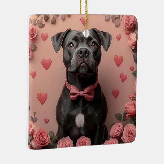 アメリカの(犬)スタッフォードとバラ – バレンタインデー セラミックオーナメント (右)