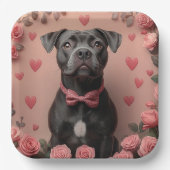 アメリカの(犬)スタッフォードとバラ – バレンタインデー ペーパープレート (正面)