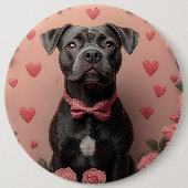 アメリカの（犬）スタッフォードとバラ – バレンタインデー 缶バッジ (正面)