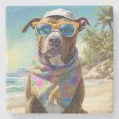 アメリカの（犬）スタッフォードオンビーチ、夏の贈り物 ストーンコースター (正面)