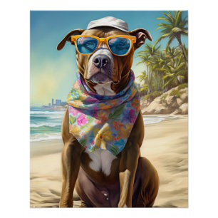 アメリカの(犬)スタッフォードオンビーチ、夏の贈り物 ポスター