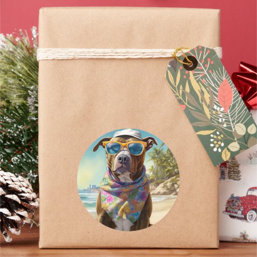 アメリカの(犬)スタッフォードオンビーチ、夏の贈り物 ラウンドシール (クリスマス)