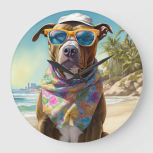 アメリカの（犬）スタッフォードオンビーチ、夏の贈り物 ラージ壁時計