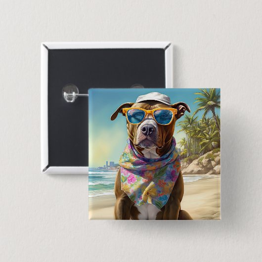 アメリカの(犬)スタッフォードオンビーチ、夏の贈り物 缶バッジ (正面&裏面)