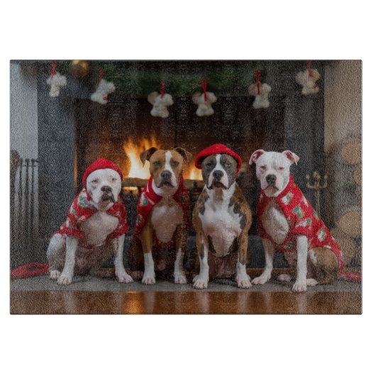 アメリカの(犬)スタッフォードバイザ暖炉クリスマス カッティングボード (正面)