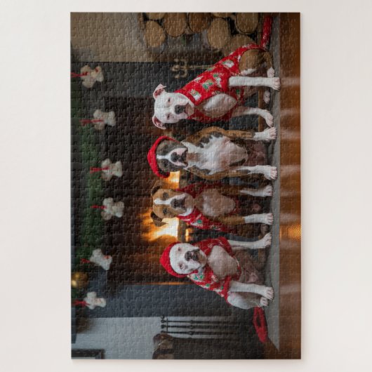 アメリカの(犬)スタッフォードバイザ暖炉クリスマス ジグソーパズル (縦)