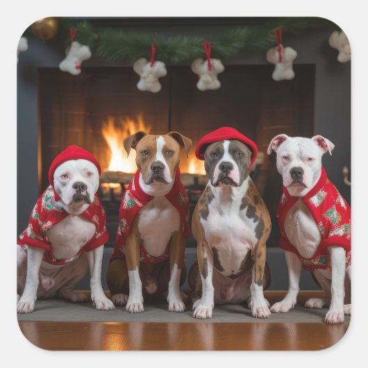 アメリカの（犬）スタッフォードバイザ暖炉クリスマス スクエアシール (正面)