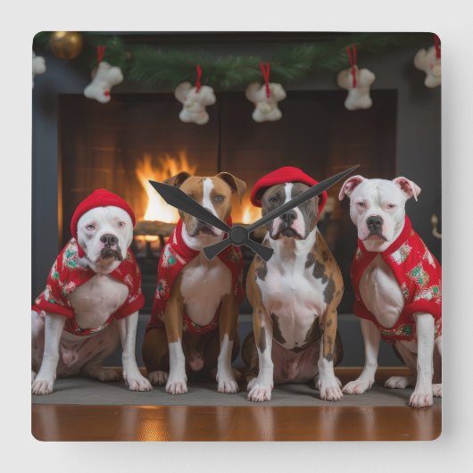 アメリカの(犬)スタッフォードバイザ暖炉クリスマス スクエア壁時計 (正面)