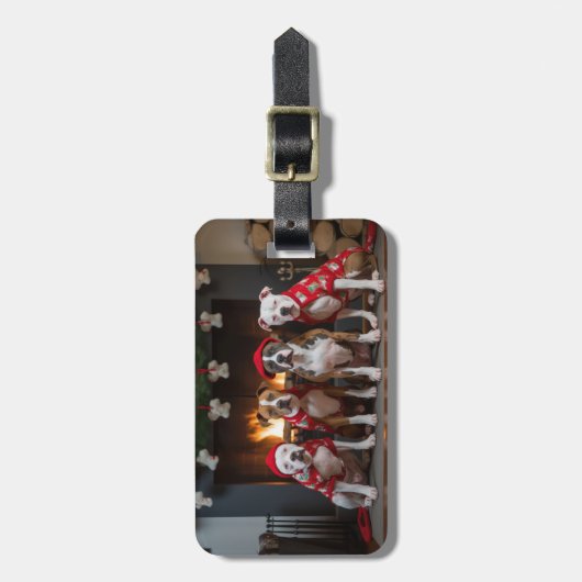 アメリカの(犬)スタッフォードバイザ暖炉クリスマス ラゲッジタグ (正面縦)