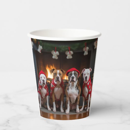 アメリカの（犬）スタッフォードバイザ暖炉クリスマス 紙コップ (正面)