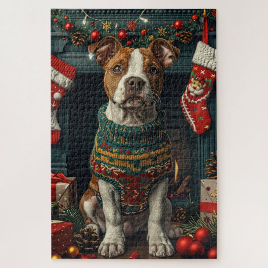 アメリカの（犬）スタッフォード犬とクリスマスプレゼント ジグソーパズル (縦)