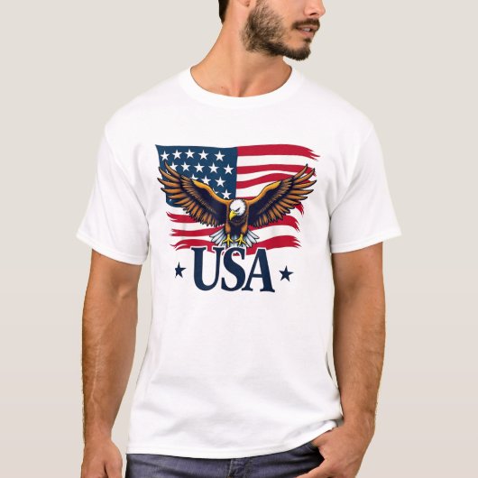 アメリカはっきりしたの愛国的イーグルと国旗のデザイン Tシャツ (正面)