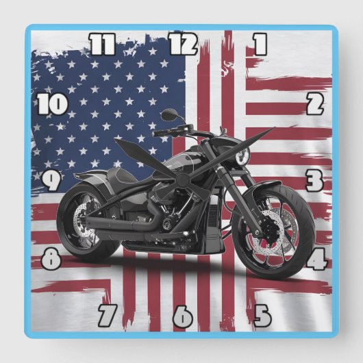アメリカはっきりした国旗の背景を背景にしたオートバイ スクエア壁時計 (正面)