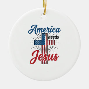 アメリカはイエスを必要としている 愛国的な十字架のTシャツデザイン_1 セラミックオーナメント