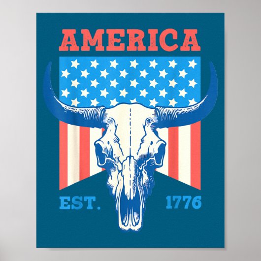 アメリカは1776 ビンテージ雄牛の頭蓋骨フラグ 4th of ポスター (正面)