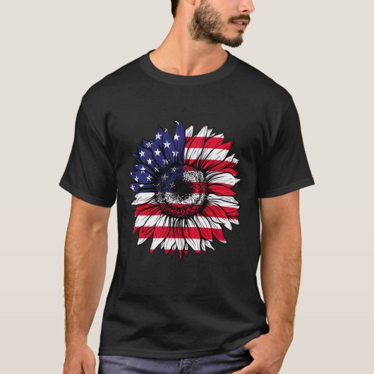 アメリカひまわりアメリカ国旗7月4日 Tシャツ (正面)