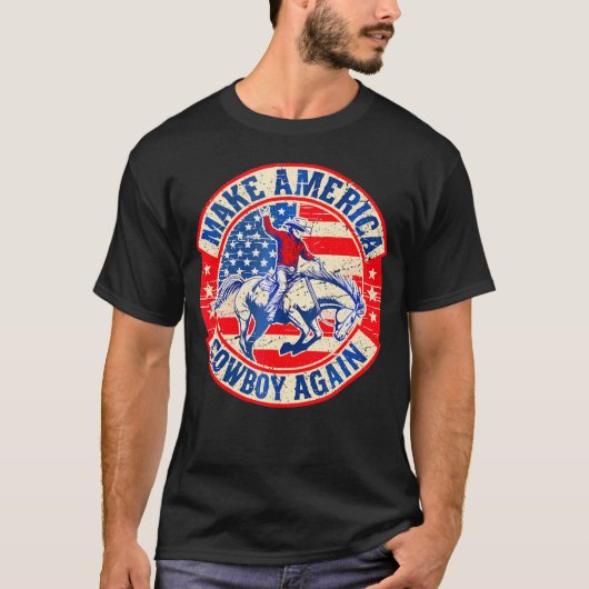 アメリカをカウボーイアガイにするアメリカ西部国旗 Tシャツ (正面)