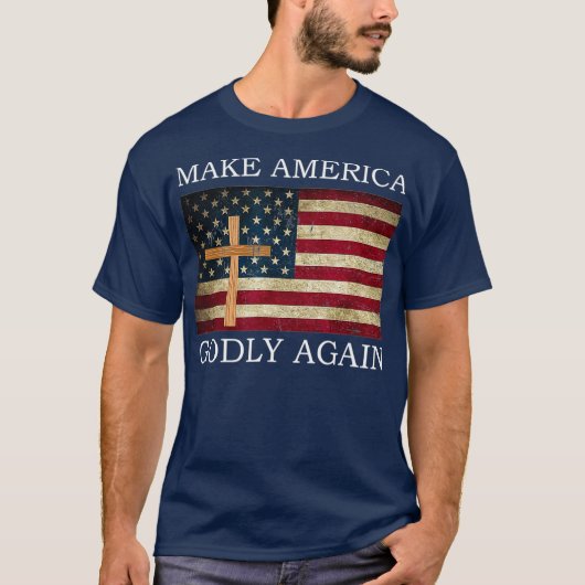 アメリカを再びアメリカ国旗の十字架にする Tシャツ (正面)