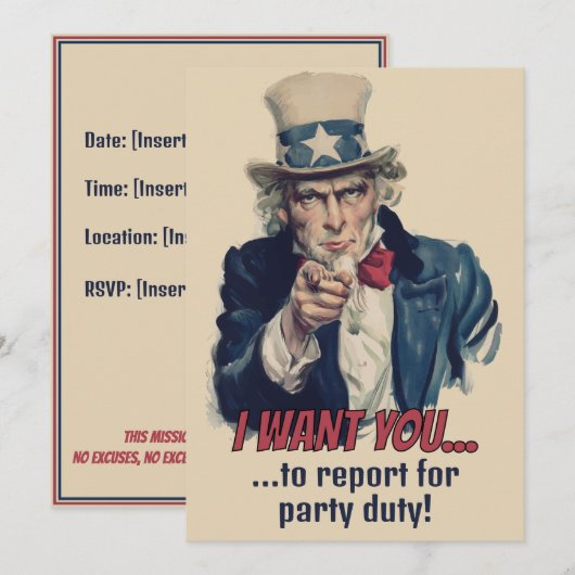 アメリカを守ろう！おじさんサムのパーティー募集 招待状 (正面/裏面)