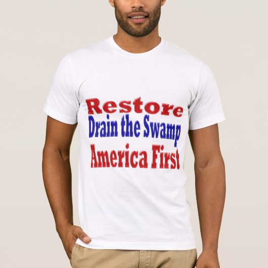 アメリカを復活させる最初の沼地の赤い青を排水 Tシャツ (正面)